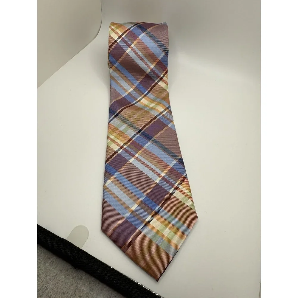 Tommy Hilfiger 100% Silk Plaid Tie Blue Brown Orange Madras Style‎ 61